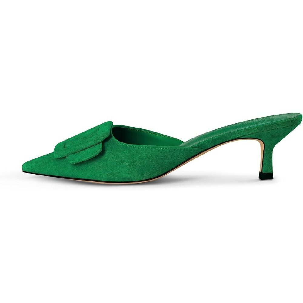 Women's Green Mule Slingback Buckle Pumps Pointed Toe Kitten Heels Shoe - Picture 2 of 5